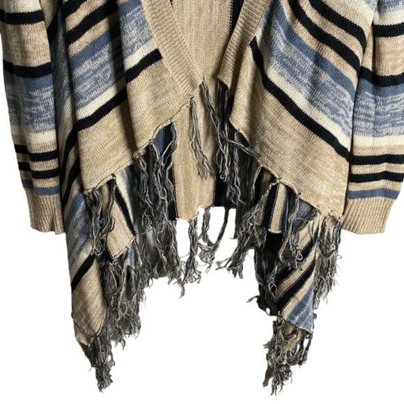 Majora Women's Tan/Blue Striped Open Front Fringed Knit Cardigan - Picture 3 of 10